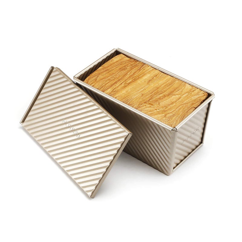 monfish Pullman Loaf Pan w Cover Bread Toast Mold corrugated loaf Pan w lid 1lb dough Alluminumed Steel Non Stick Gold (8.5X4.75X4.375INCH) - Image 1